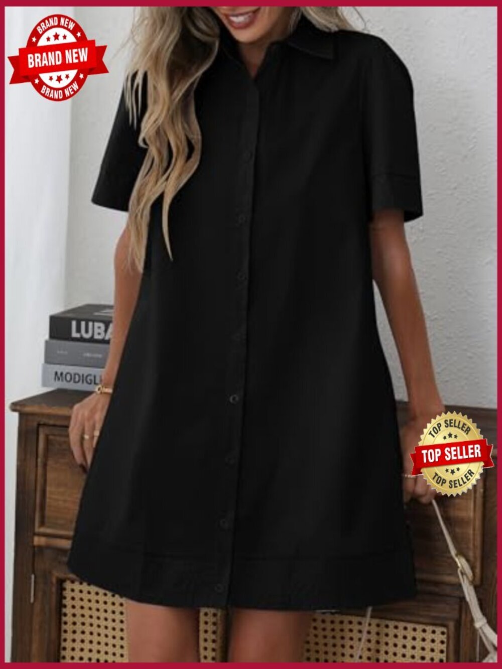Casual Button Down Mini Shirt Dress Short Sleeve Ruffle Hem Pockets - Picture 3 of 7